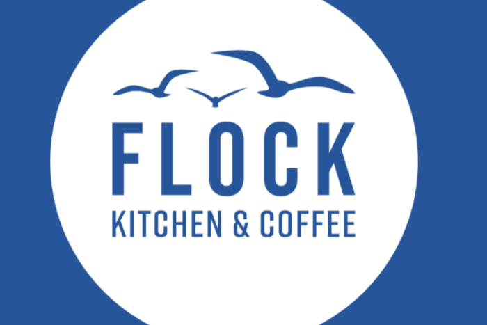 Flock Kitchen and Coffee written in blue in a white circle with three stylised seagulls flying above the name all on a blue square background.