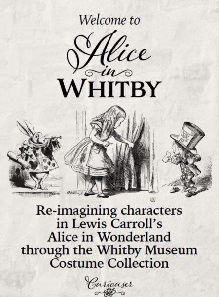 Poster in grey and black with black pen sketches of a little girl with long hair and a dress with large skirt and apron peeping behind a curtain. Flanked either side by a white rabbit in a checked outfit blowing a trumpet and a small character in a top had carrying a cup of tea. 