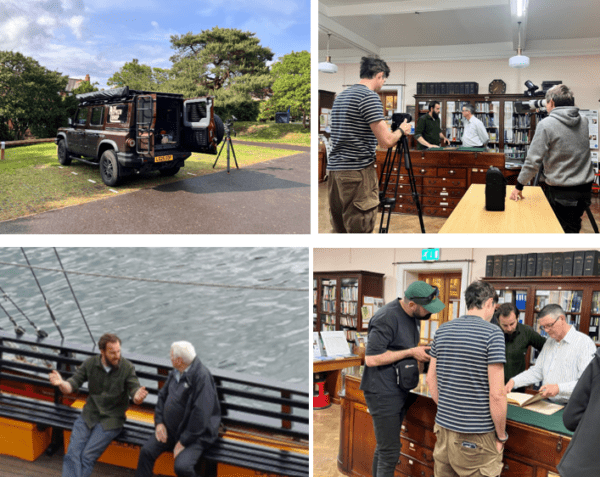 four images, top left is of a burgandy landrover with 'the Repair shop' written on the side with a camera on a tripod stood next to it, the car is parked on a grassed parking space with trees in the background. Top right is an image of Rob Williams, archivist talking to Dom from the Repair Shop next to an old chest of drawers with lots of small drawers and with library shelves behind all being filmed by film crew. Bottom Left Dennis Buck, Cook Curator talking to Dom sat on a replica endeavour boat out at sea. Bottom right, Rob Williams shows Dom the old journal book in a library surrounded by film crew. 