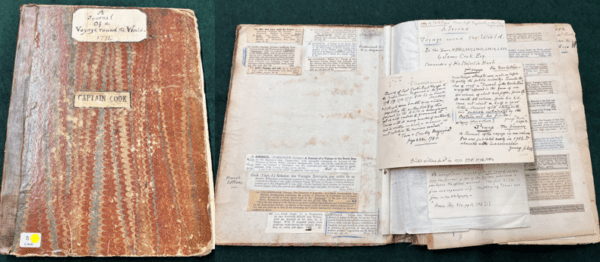 A picture of the front cover of a book with 'Captain Cook' hand written on with 'A journal of a Voyage around the World' on a label at the top. The reddish brown marbled cover is very dogeared around the edges. To the right is an image of lots of loose handwritten documents from inside the book. 