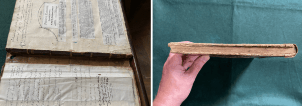 Image on the left shows the open journal with notes, and printed slips glued into a book, the open book shows that the spine is not attached to the main body of the book. A second image to the right shows a hand holding the book end on to the camera to show the damaged and worn edges of the book. 