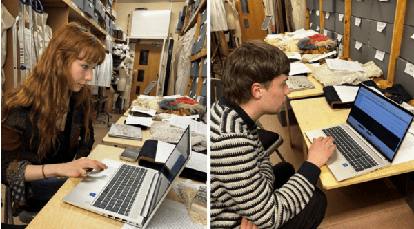 Image of student with long auburn hair wearing a black top with floaty long sleeved looking at a laptop, she is in the costume store surrounded by dressmakers dummies and grey storage boxes. Second image is a male student with short brown hair wearing a black and white stripy jumper looking at a laptop screen. He is sat at a wooden desk infront of lots of grey museum storage boxes. 