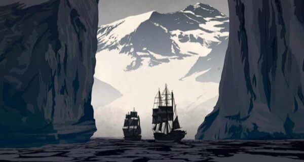 Image of silhouette of two tall sailing ships moving tbetween steep sided ice cliffs towards ice capped mountains. Text overlying reads 'Voyaging into the ice' 'I have come not to do as much as other men, but more!' 