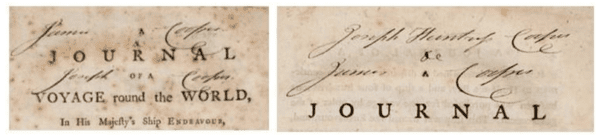 image of two sections of text side by side each showing part of an internal front page of the Captain cook Journal in old printed text we can see 'T journal of a Voyage around the world' and around this is the hand written names 'James Cooper' and 'Joseph Cooper' 