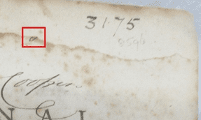 An image of old paper, a page from the Captain Cook journal with a small loop of handwriting truncated at the top where a page has been pasted on. the numbers '3175' appear at the top of the page and the edge of the word 'cooper' and 'nal' of journal written below it. 
