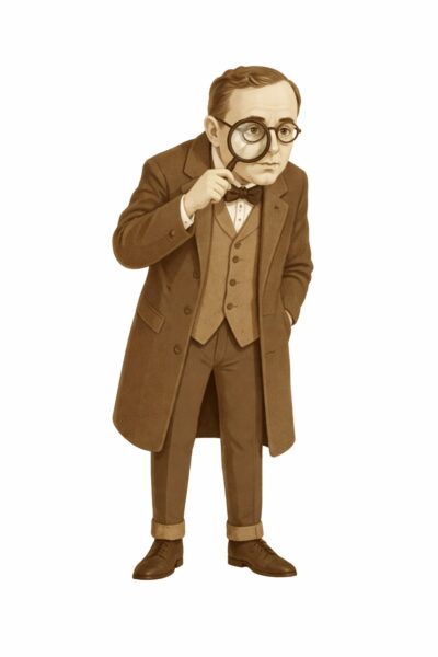 cartoon man in brown sepia colours carrying a magnifying glass held to his eye. He is wearing a long smart coat and a suit with waistcoat. 